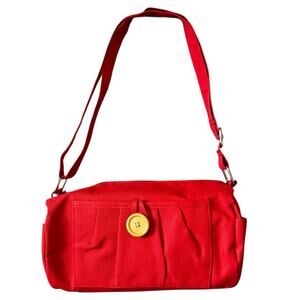 Vintage Red Canvas Shoulder Bag Wooden Button Accent Adjustable Strap Purse